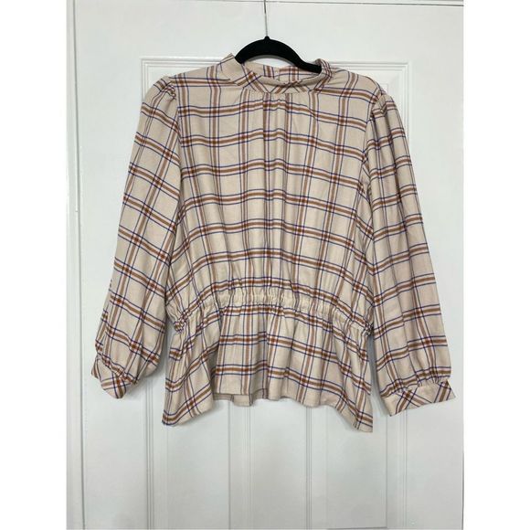 ANN TAYLOR NWT Soft Tan Plaid Gathered Waist Pullover Flannel TOP, Size Large P - Picture 3 of 10